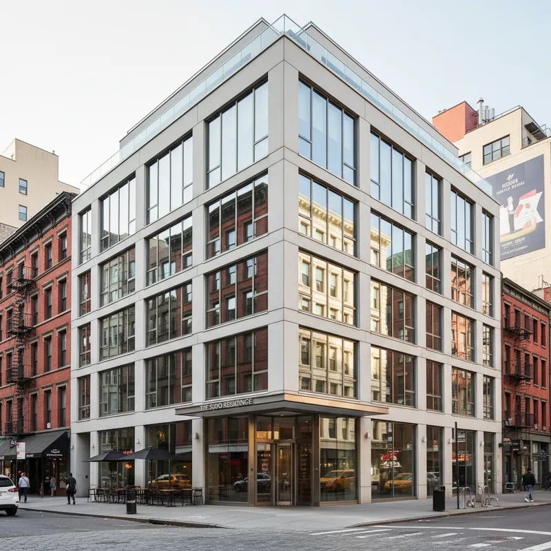 The sleek, modern exterior of the Modernhaus SoHo hotel, situated on a vibrant street corner in the heart of SoHo, Manhattan.