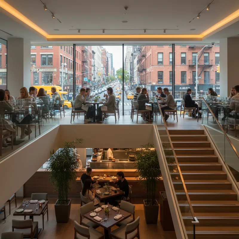 The serene and modern two-level dining room at Momoya SoHo in SoHo, Manhattan, featuring minimalist decor and large windows overlooking the bustling city streets.