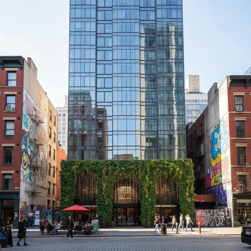 The impressive exterior of the NoMo SoHo hotel, the tallest building in the neighborhood, located on Crosby Street in SoHo, Manhattan.