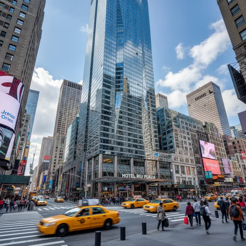 The modern, multi-story glass facade of the Hotel Riu Plaza Manhattan Times Square, located in the heart of New York City.
