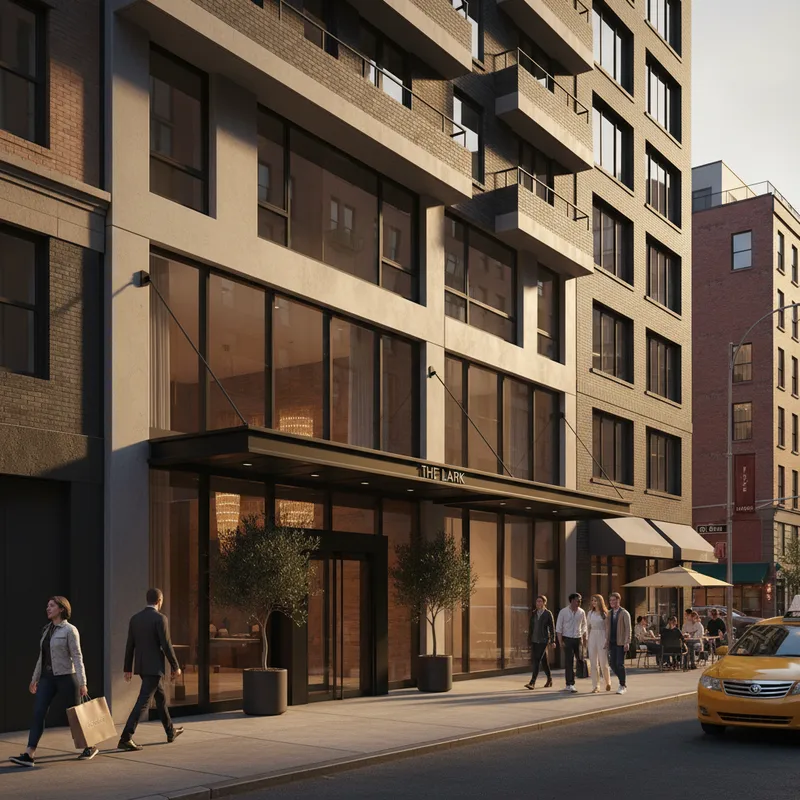 The stylish exterior of the Soho 54 Hotel, a contemporary accommodation choice located on a bustling street in SoHo, Manhattan.