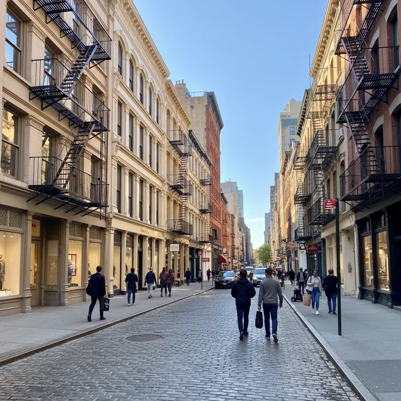 A sunny day on a classic cobblestone street in SoHo, Manhattan, lined with historic cast-iron buildings, upscale boutiques, and fire escapes.