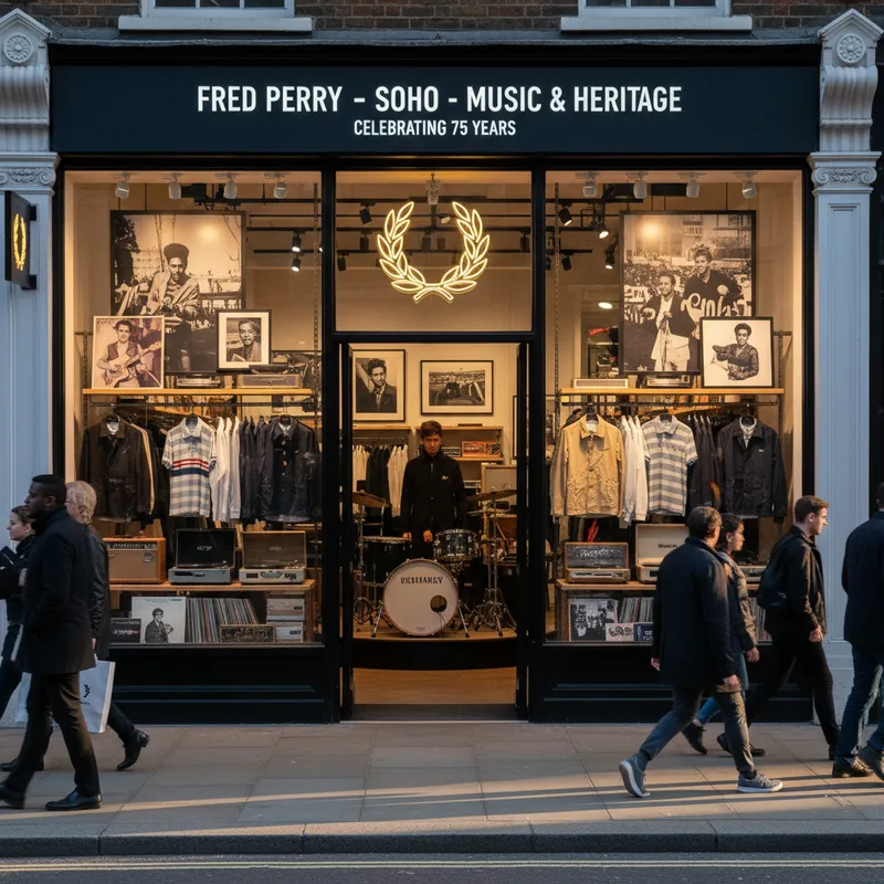 Fred Perry's new London flagship store on a Soho street, reflecting its music and fashion heritage.
