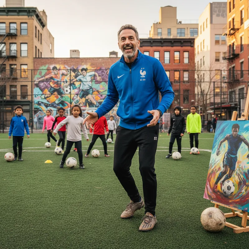 Soccer coach and artist Erwan Saunier on a soccer field in New York City amongst his students.