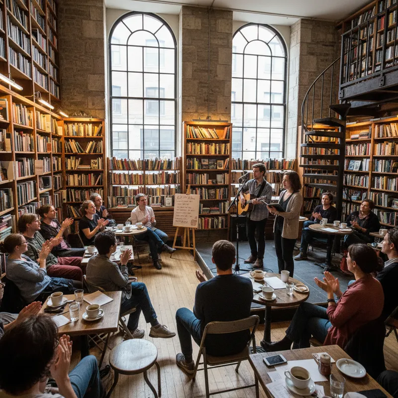 SoHo's Housing Works Bookstore Cafe interior with performing artists during a weekly open mic night event.