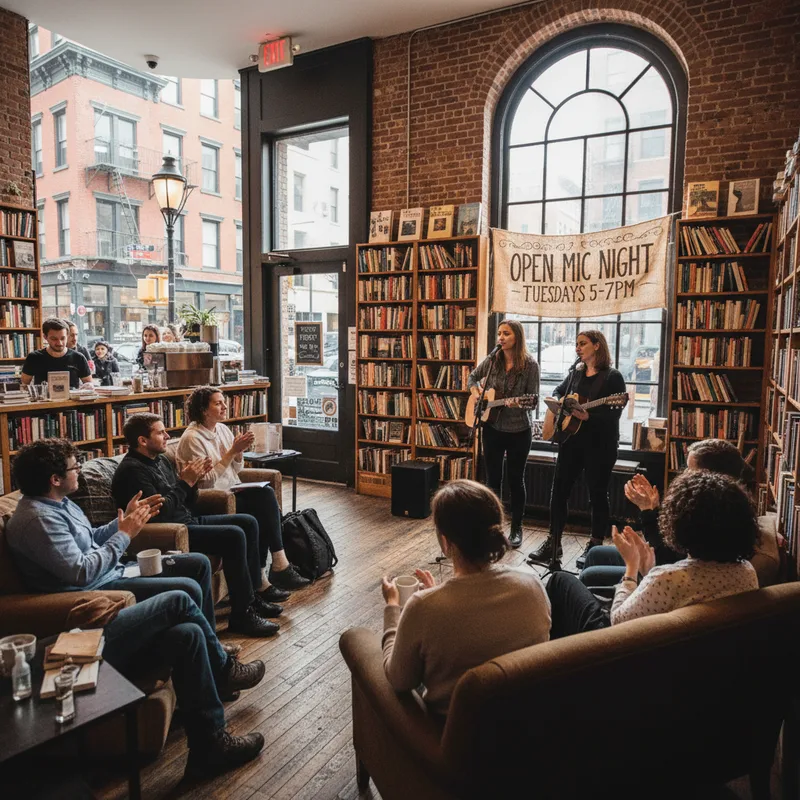 SoHo's Housing Works Bookstore Cafe featuring an open mic night with a guitar and microphone on a small stage.