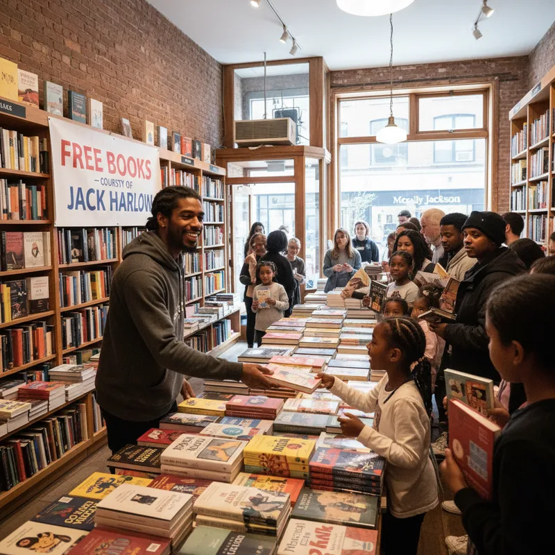 Rapper Jack Harlow hands books to fans inside a well-lit bookstore, smiling.