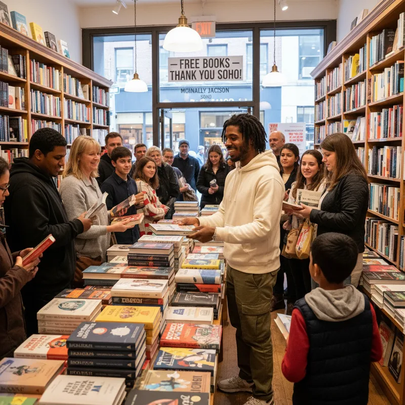 Rapper Jack Harlow smiles while holding a stack of books at a bookstore counter.