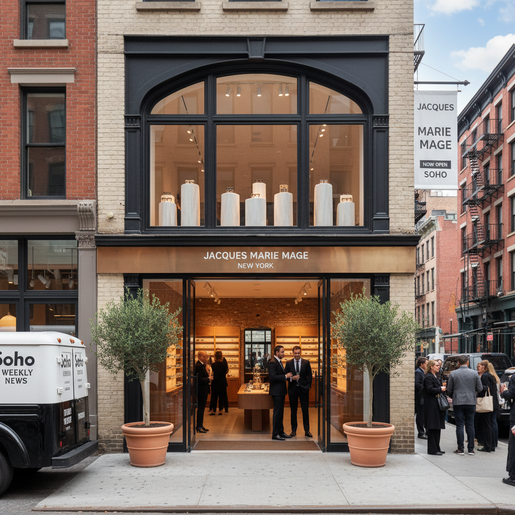 A modern, upscale storefront on a New York City street, showcasing luxury eyewear.