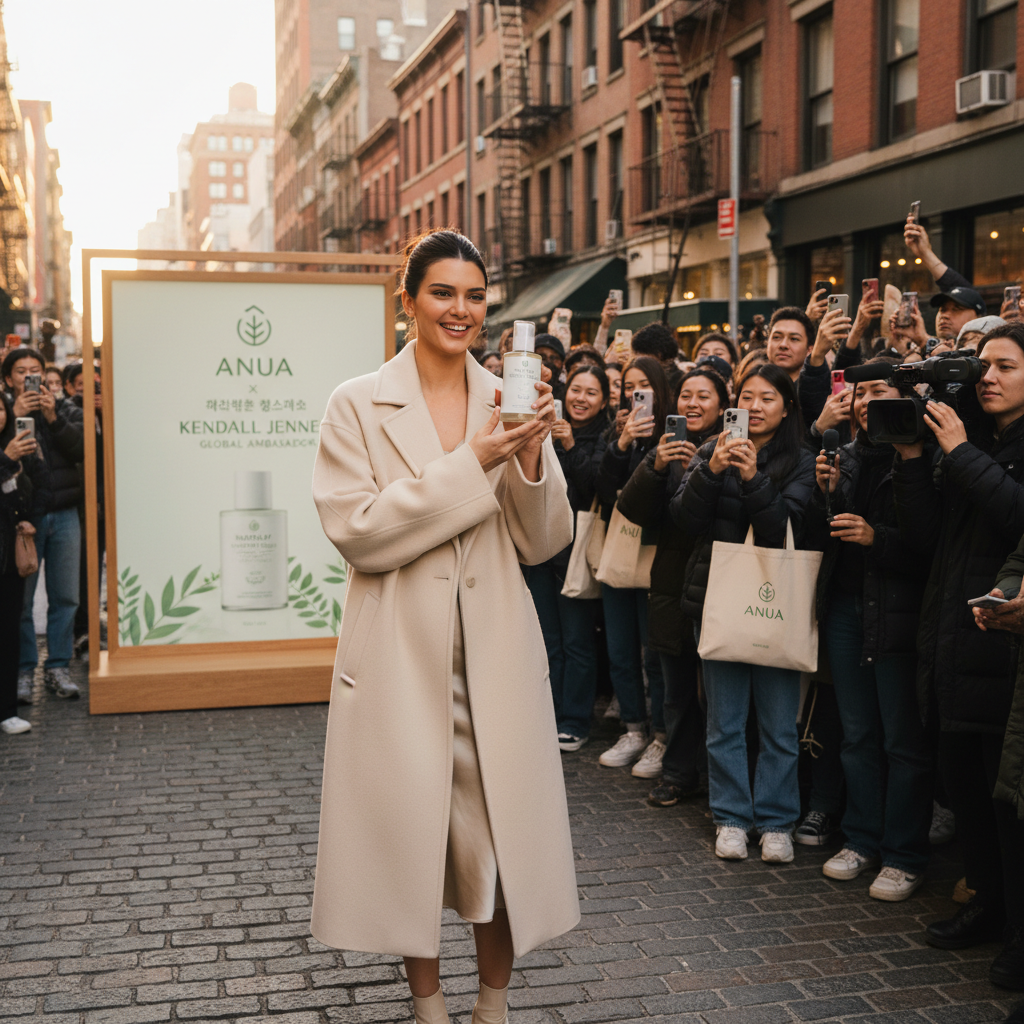 Model Kendall Jenner in SoHo promoting skincare partnership, wearing a stylish outfit.