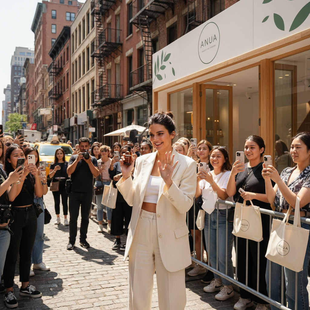 Model Kendall Jenner in SoHo promoting Anua skincare partnership in a warm lifestyle photograph.