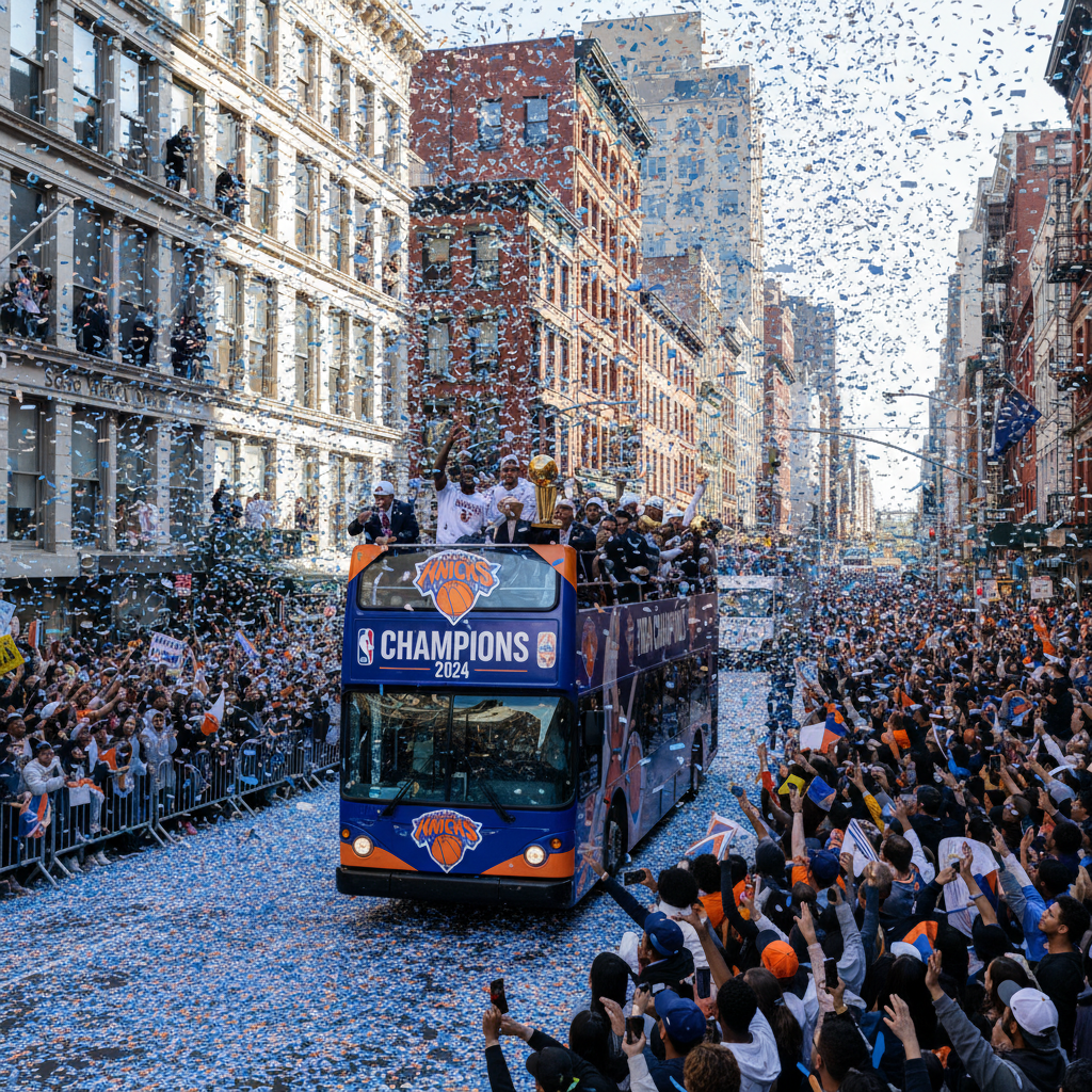 New York Knicks fans celebrate an NBA championship with a ticker-tape parade down a Manhattan street.