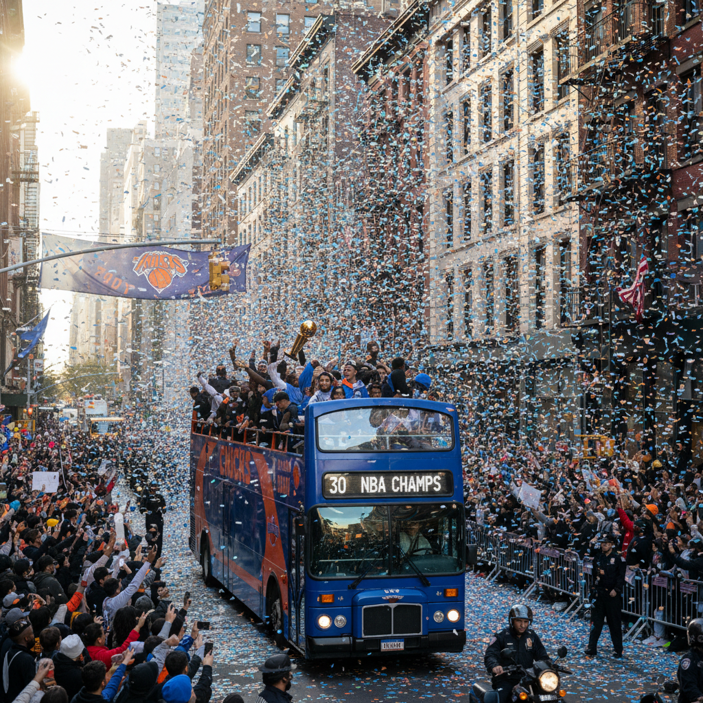New York Knicks players celebrating winning the NBA championship during a ticker-tape parade in Manhattan.