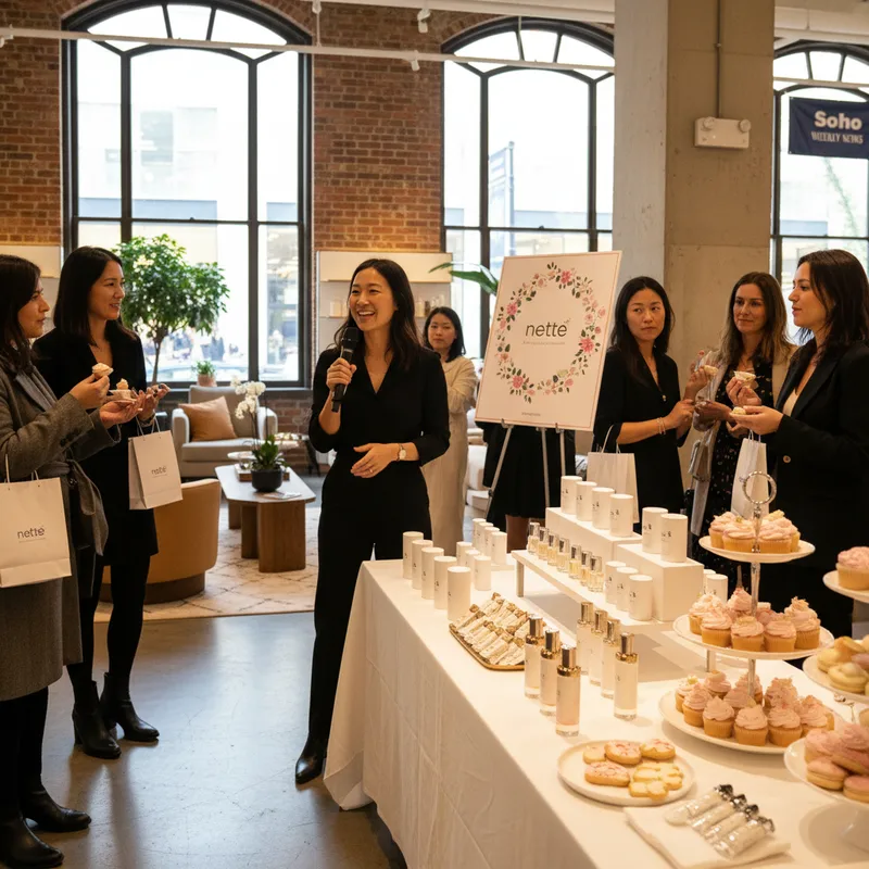 Nette founder Carol Han at Bloomingdale's SoHo anniversary event with samples and treats.