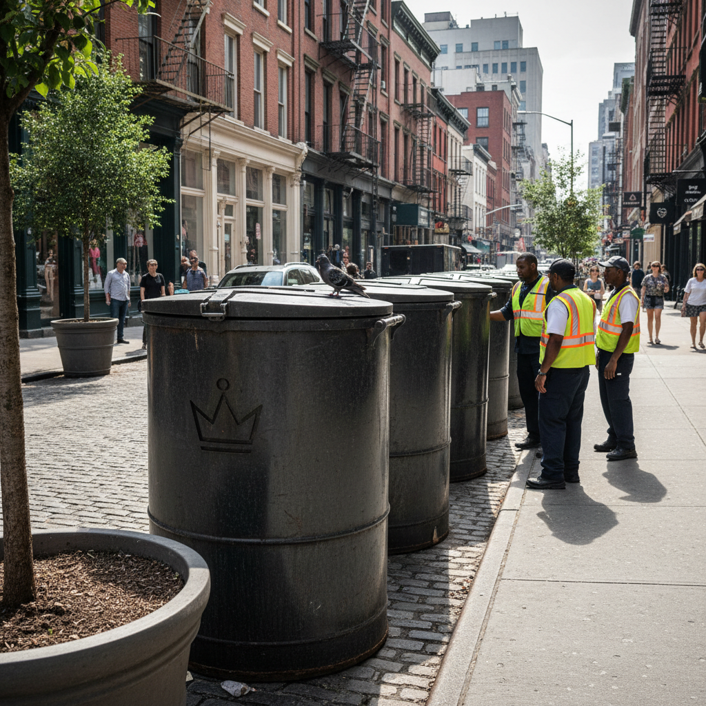Large 'Empire Bins' containerized trash cans on a SoHo street, replacing parking spots.