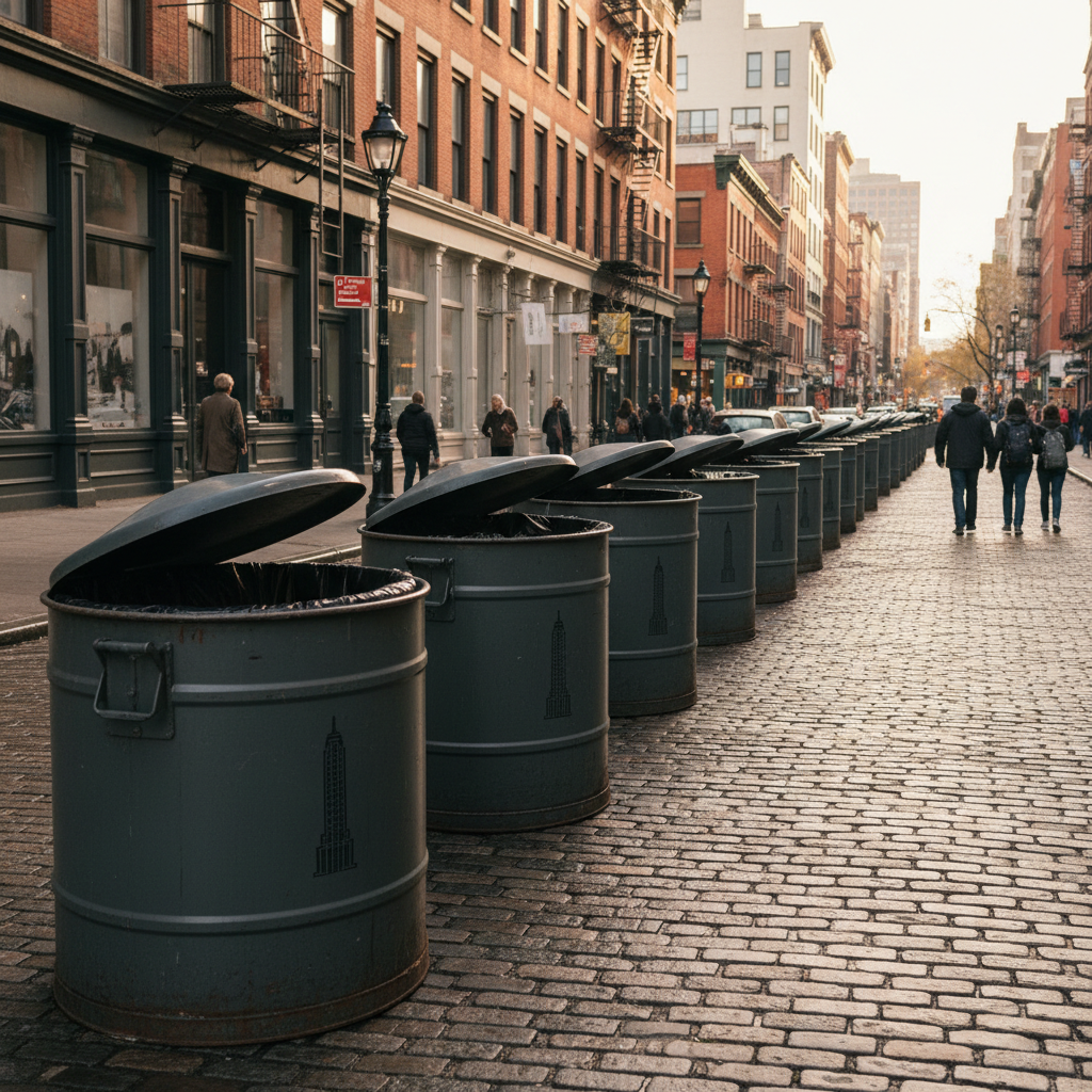 An Empire Bin trash container on a SoHo street, replacing former parking spaces with garbage receptacles.