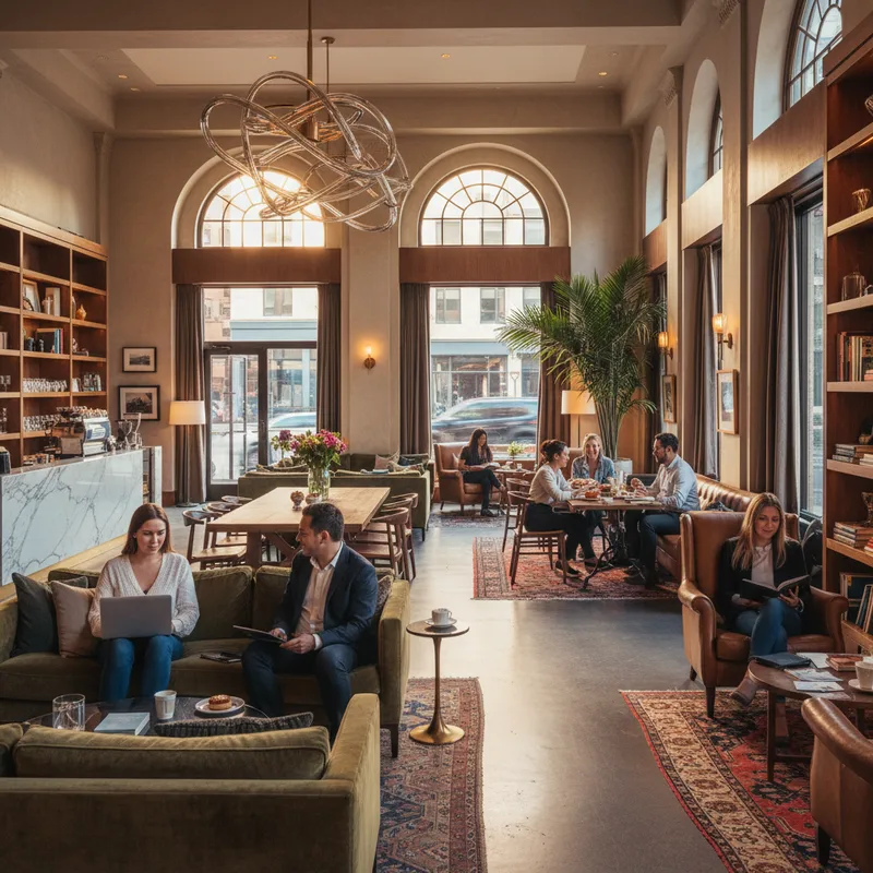 A sunlit hotel lobby in a New York City neighborhood, featuring comfortable seating and plants, serves as a welcoming public space.