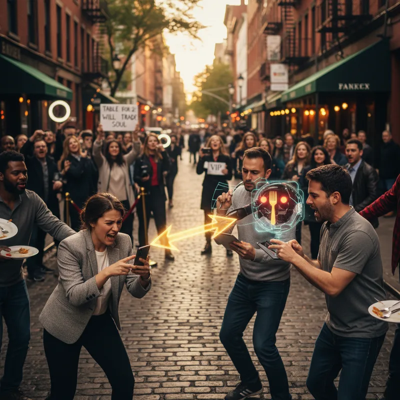 A realistic SoHo restaurant scene with diners eagerly waiting for a table, illustrating a competitive dining environment.