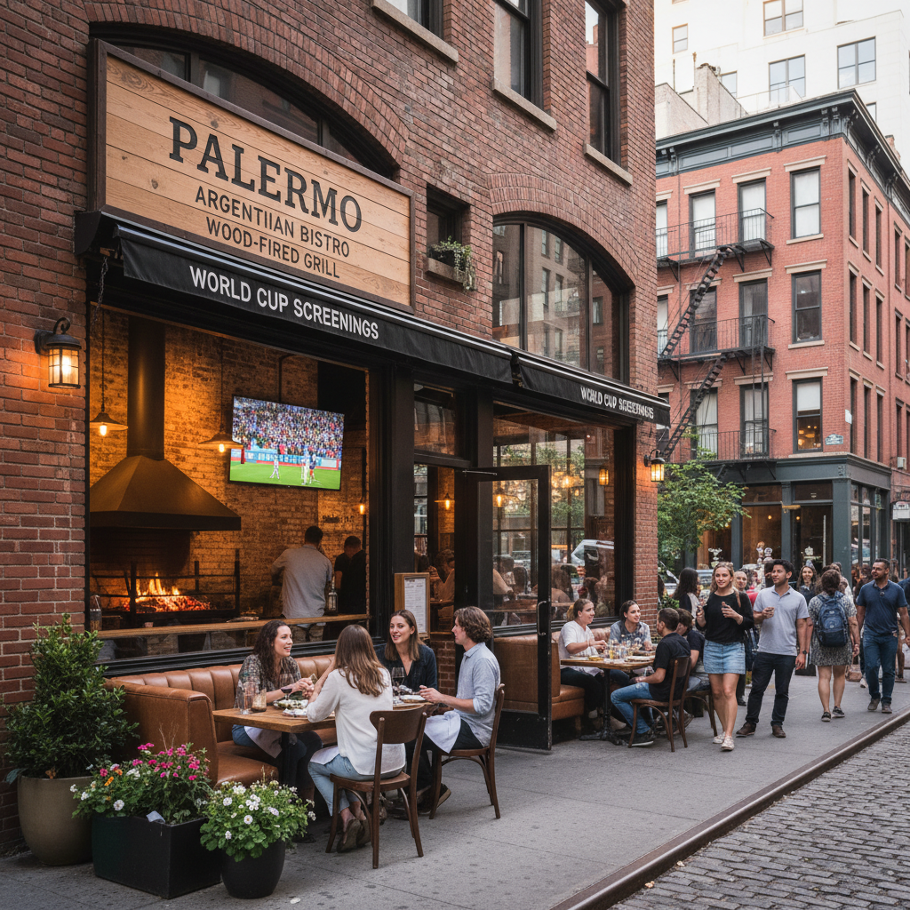A photorealistic depiction of Palermo Argentinian Bistro's new SoHo location, featuring a wood-fired grill and vibrant decor.