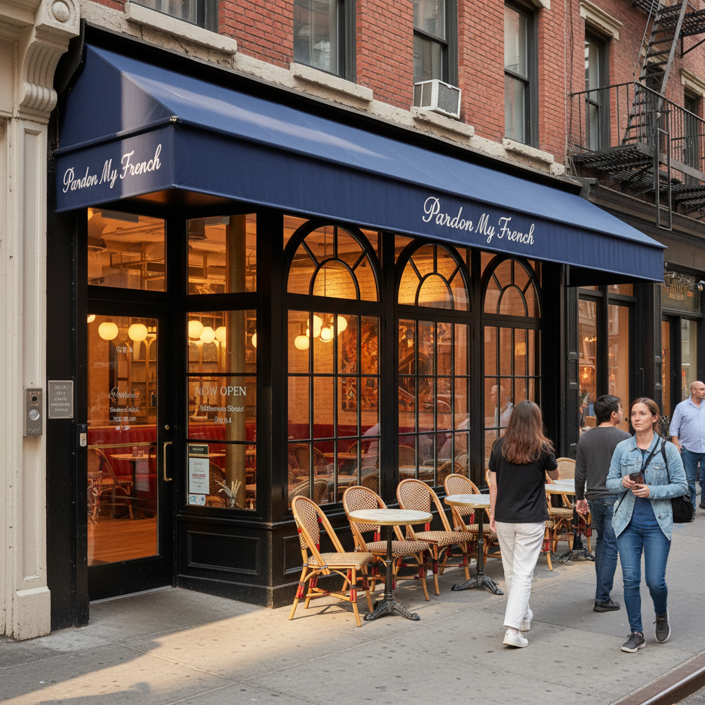 A photorealistic storefront on Broome Street in SoHo, NYC, for the bistro Pardon My French.