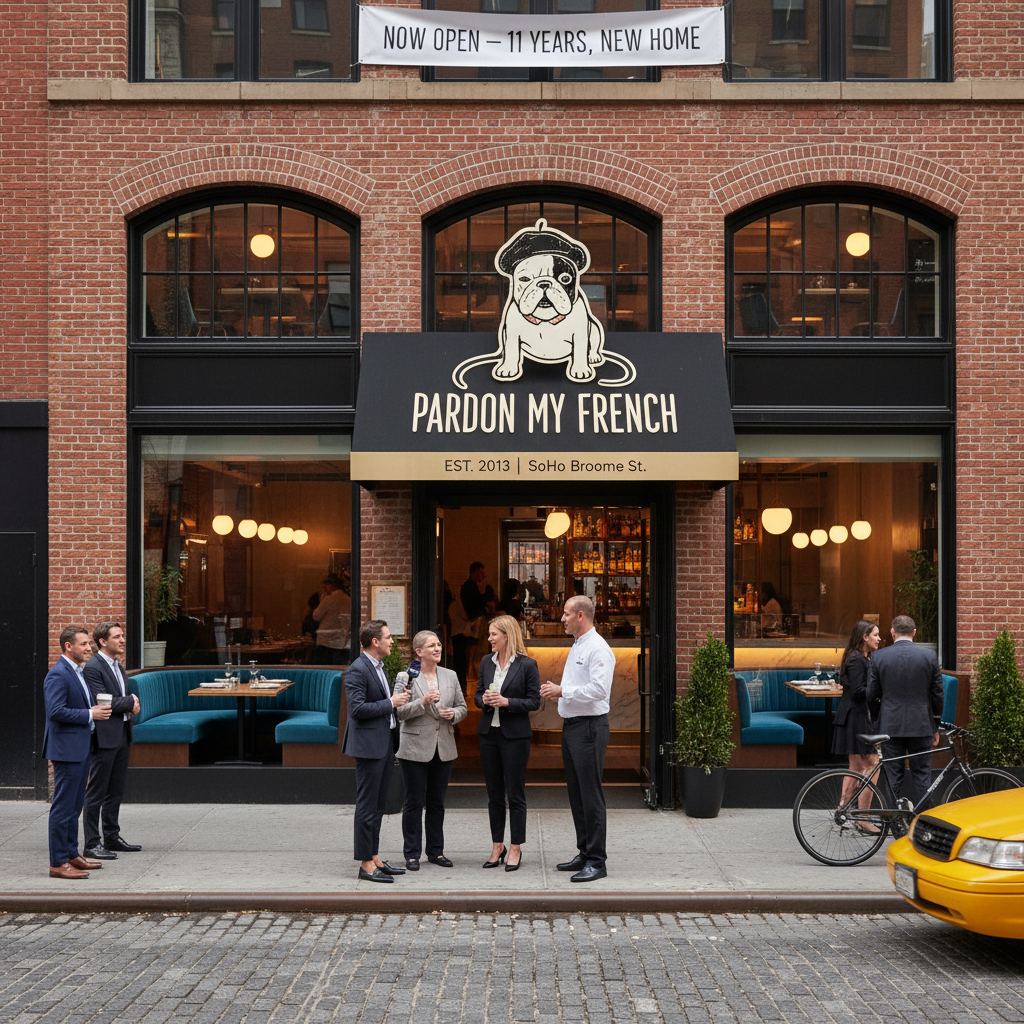 A photorealistic image of the exterior of Pardon My French, a French-inspired bistro, on Broome Street in SoHo.