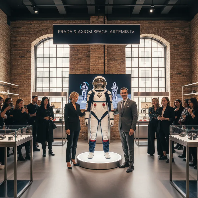 Prada Artemis IV mission spacesuit displayed in a photorealistic SoHo flagship store environment.