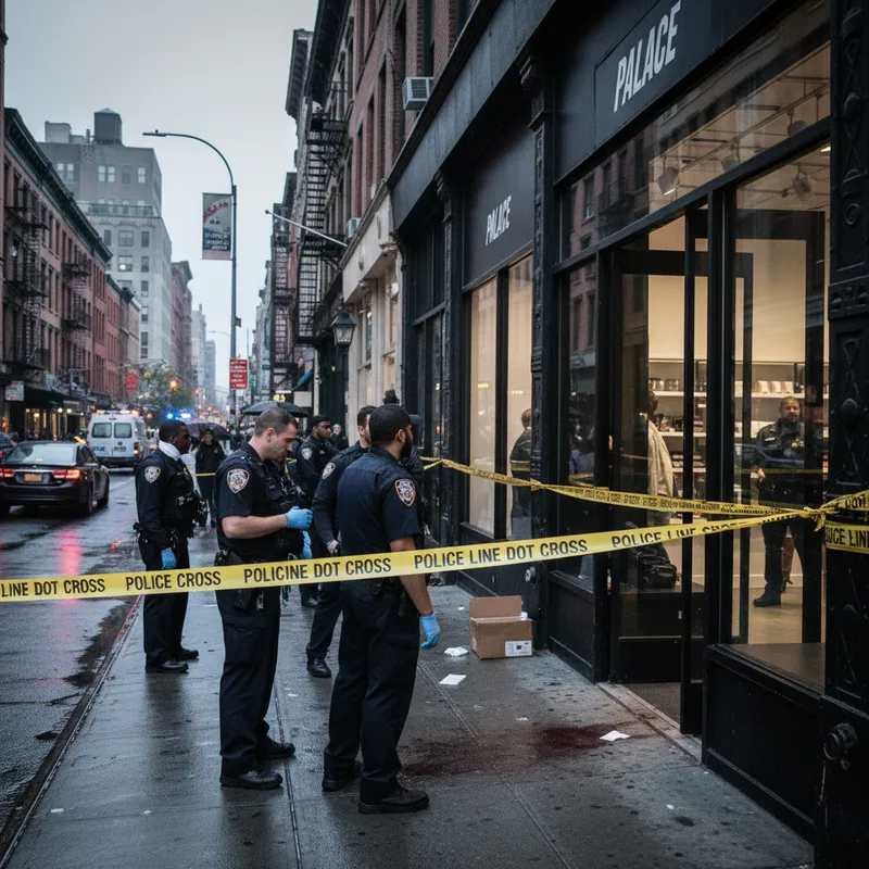 NYPD officers and police tape block access to Palace store on Howard Street after a security guard was slashed.