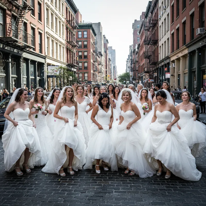 Seventy-five women in wedding dresses participate in a flash mob in Manhattan.