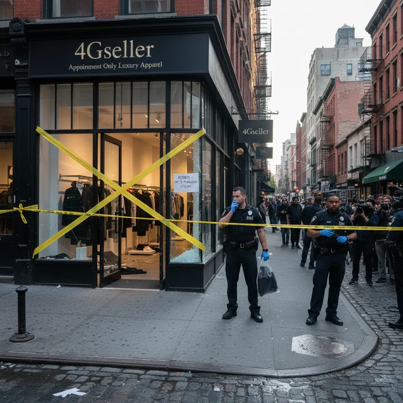 Four individuals during a luxury apparel heist at the appointment-only SoHo boutique 4Gseller.