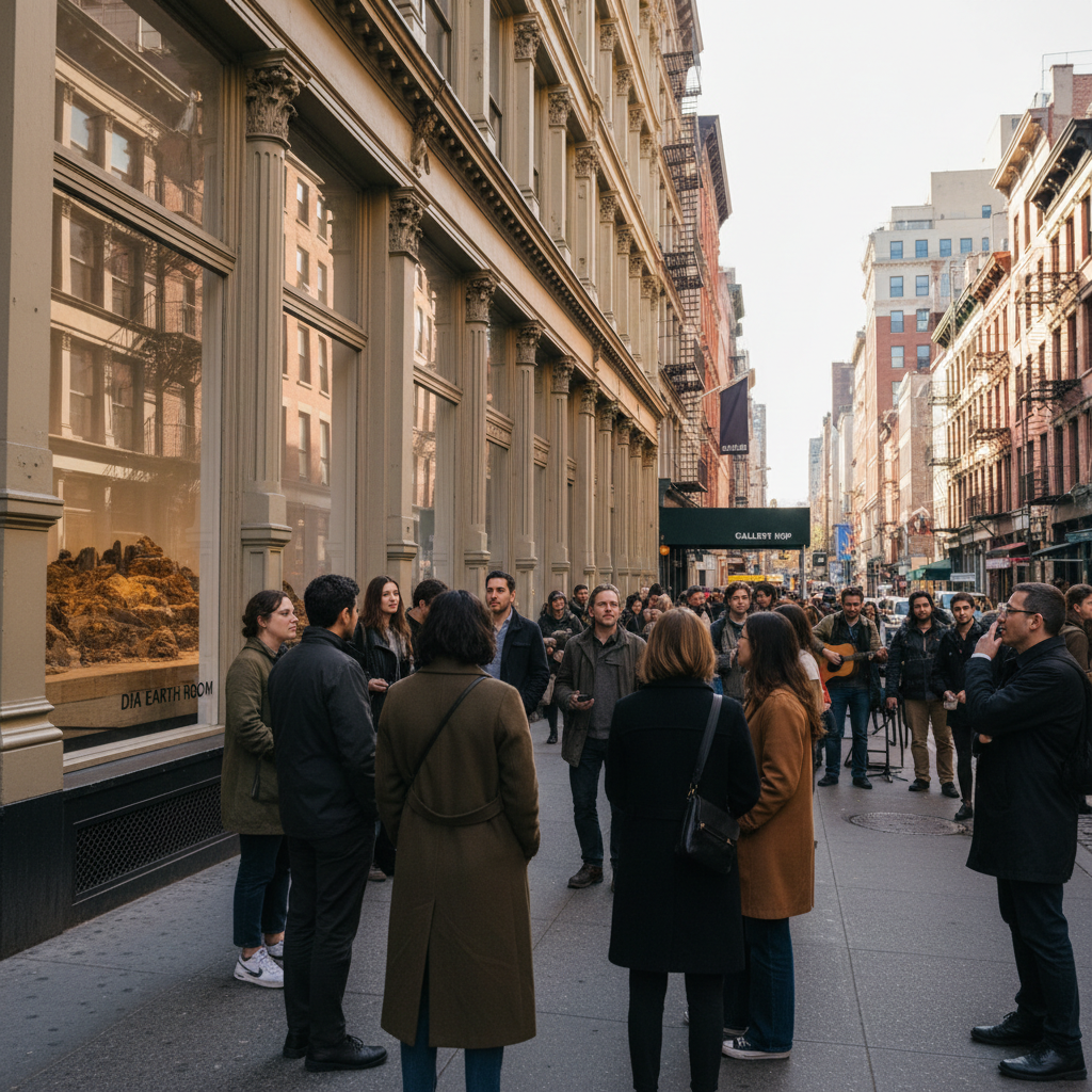 Street view of SoHo, New York City, featuring cast-iron architecture and bustling sidewalks.