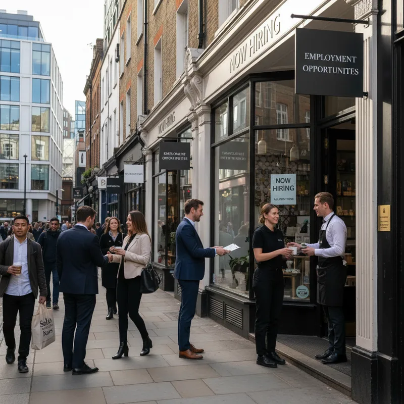 People working in a modern, bustling SoHo storefront, representing the booming hospitality industry and widespread hiring.