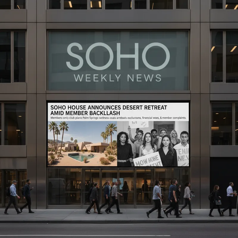 A modern, realistic SoHo House storefront in a desert setting, symbolizing a new location.