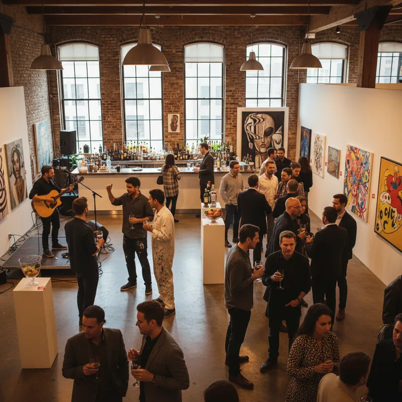 Stylish guests mingle at a sophisticated SoHo loft art exhibition with live music and art for sale.