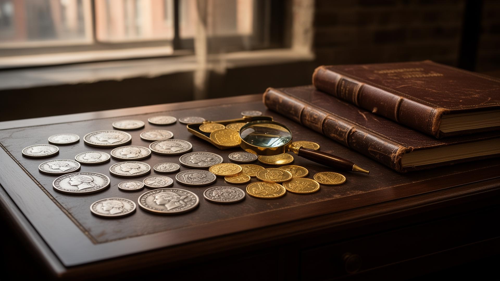 Historic American silver coins and European gold coins arranged on a walnut desk in a SoHo loft with a magnifying loupe and leather catalogue.