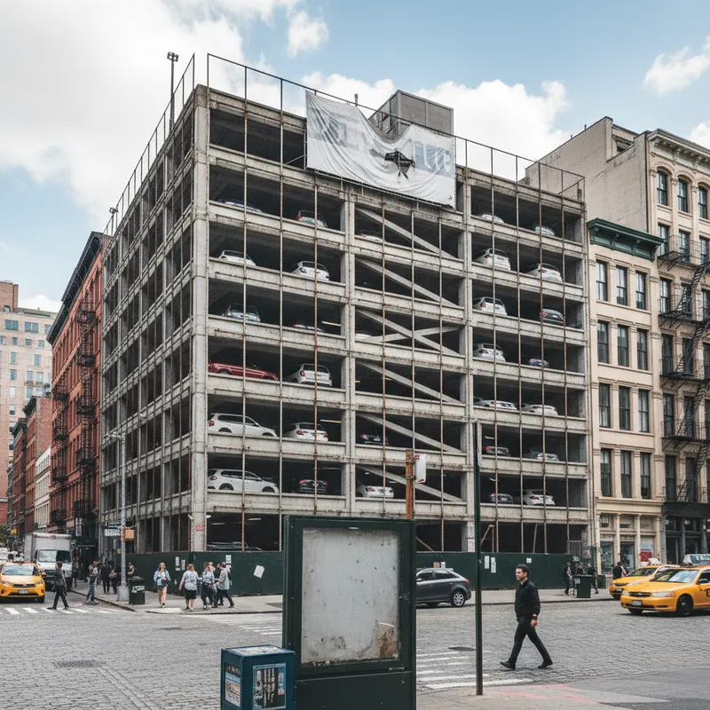Five-story Tribeca parking garage with a realistic architectural style, set for conversion into residential apartments.