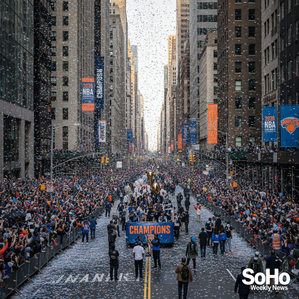 Thousands of ecstatic fans fill the Canyon of Heroes for a New York Knicks championship parade celebration.