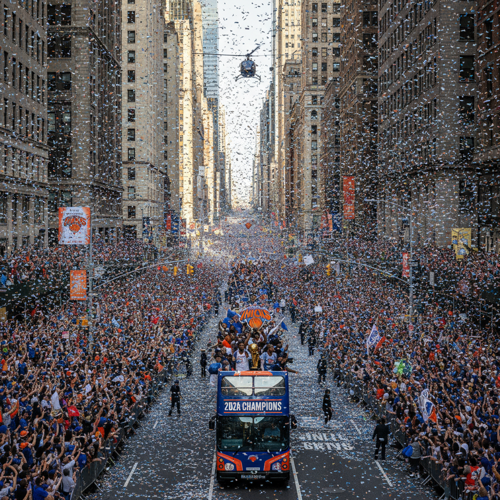Two million fans celebrate Knicks championship at a ticker-tape parade in Lower Manhattan.