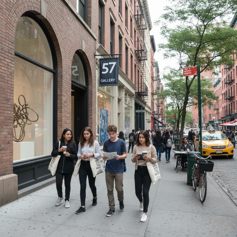 SoHo art galleries showcase diverse exhibitions with natural lighting in a realistic urban setting.