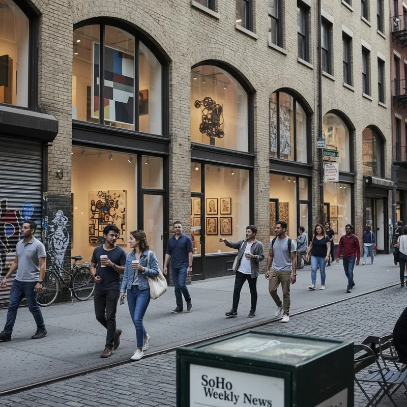 SoHo art galleries featuring diverse displays under natural lighting create an inviting urban art scene.