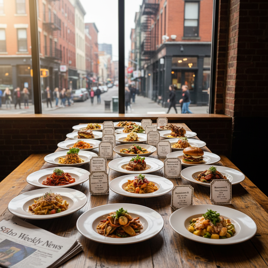 SoHo restaurant exterior with inviting windows showcasing a bustling, upscale dining atmosphere.