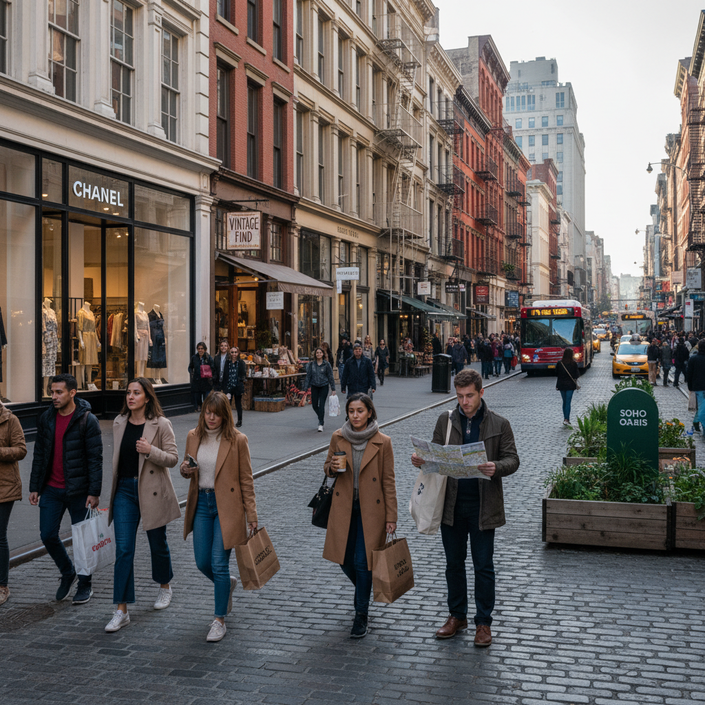 New York City's SoHo district with diverse storefronts, showcasing fashion and home goods boutiques for shoppers.