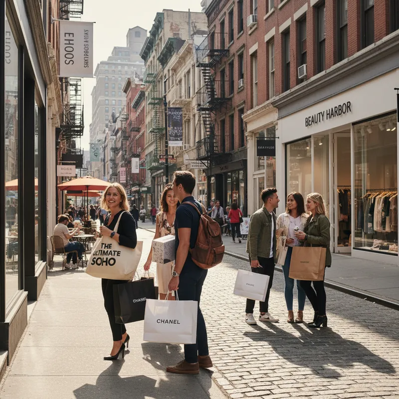 Street scene in SoHo, New York City, with diverse shoppers browsing high-end boutiques and stores during the day.