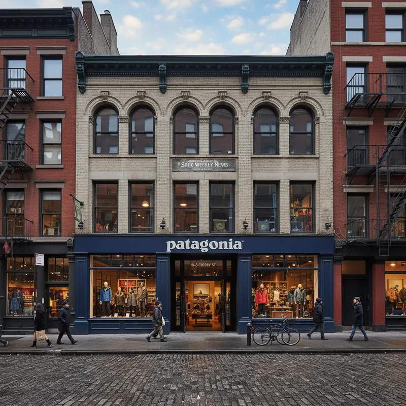 Patagonia store with "PATAGONIA" sign on a cobblestone street with a white car parked nearby.