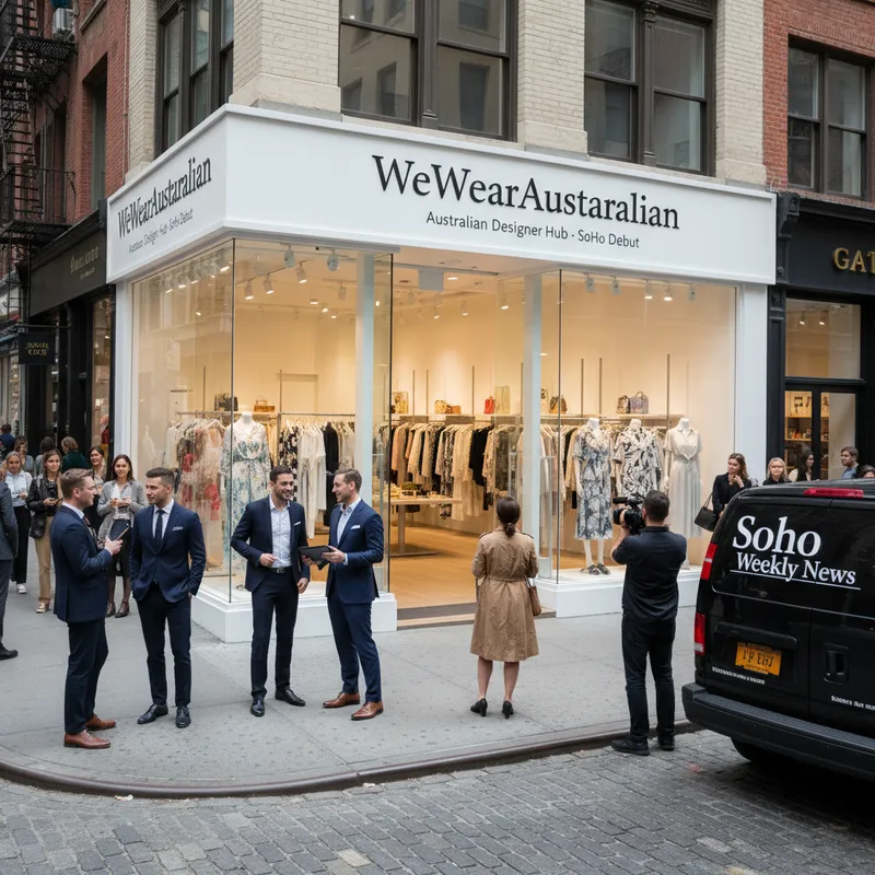 A modern, realistic storefront in SoHo, NYC, housing the new WeWearAustralian retail concept for designer brands.