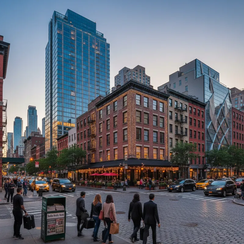 SoHo hotel exterior with chic facade in a bustling city neighborhood.